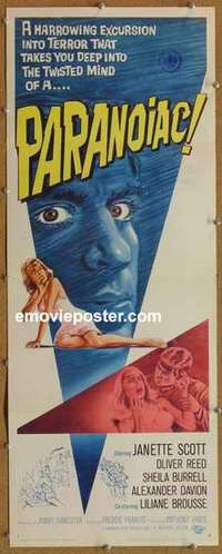 b448 PARANOIAC insert movie poster '63 Oliver Reed, Hammer horror!