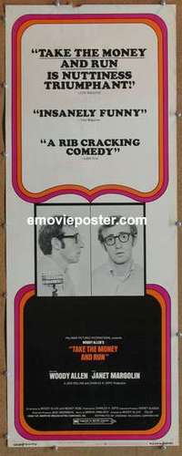 b598 TAKE THE MONEY & RUN insert movie poster '69 Woody Allen, crime!