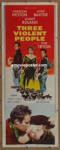 b630 THREE VIOLENT PEOPLE insert movie poster '56 Charlton Heston