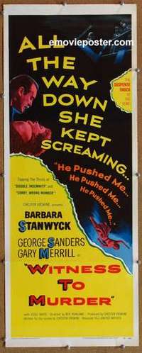 b695 WITNESS TO MURDER insert movie poster '54 Stanwyck, film noir