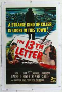 f308 13th LETTER linen one-sheet movie poster '51 Otto Preminger, Darnell