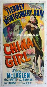 f052 CHINA GIRL linen three-sheet movie poster '42 Gene Tierney, Montgomery