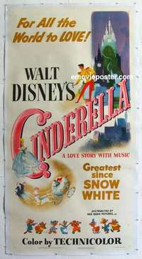 f053 CINDERELLA linen three-sheet movie poster '50 Walt Disney classic!