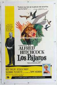 f321 BIRDS linen Spanish/US one-sheet movie poster '63 Alfred Hitchcock