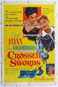 f338 CROSSED SWORDS linen one-sheet movie poster '53 Flynn, Lollobrigida