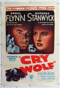 f339 CRY WOLF linen one-sheet movie poster '47 Errol Flynn, Barbara Stanwyck