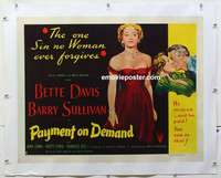 f086 PAYMENT ON DEMAND linen half-sheet movie poster '51 Bette Davis