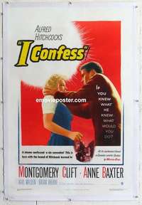 f403 I CONFESS linen one-sheet movie poster '53 Alfred Hitchcock, Montgomery Clift