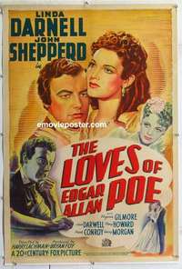 f429 LOVES OF EDGAR ALLAN POE linen one-sheet movie poster '42 Linda Darnell