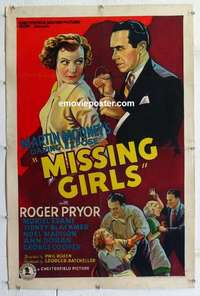 f439 MISSING GIRLS linen one-sheet movie poster '36 Roger Pryor, Muriel Evans
