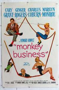 f441 MONKEY BUSINESS linen one-sheet movie poster '52 Grant, Rogers, Monroe