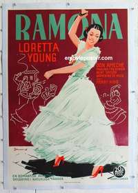 f182 RAMONA linen Swedish movie poster '36 Loretta Young, Rohmann art