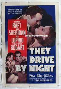 f524 THEY DRIVE BY NIGHT linen one-sheet movie poster '40 Humphrey Bogart