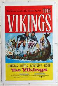 f544 VIKINGS linen one-sheet movie poster '58 Kirk Douglas, Tony Curtis