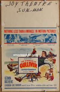 g301 3 WORLDS OF GULLIVER window card movie poster '60 Ray Harryhausen