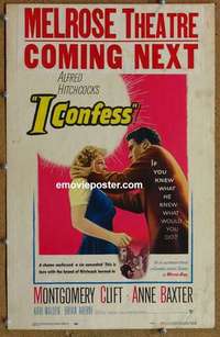 g472 I CONFESS window card movie poster '53 Alfred Hitchcock, Montgomery Clift
