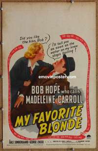 g549 MY FAVORITE BLONDE window card movie poster '42 Bob Hope, Carroll