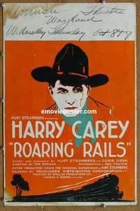 g600 ROARING RAILS window card movie poster '24 Harry Carey, great artwork!