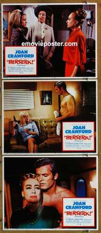 h407 BERSERK 3 movie lobby cards '67 crazy Joan Crawford!