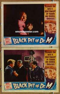 h044 BLACK PIT OF DR M 2 movie lobby cards '59 wild Mexican horror!
