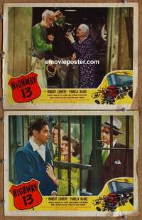 h141 HIGHWAY 13 2 movie lobby cards '49 Robert Lowery, Pam Blake