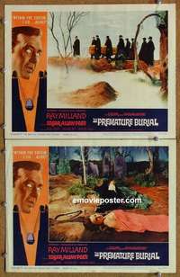 h258 PREMATURE BURIAL 2 movie lobby cards '62 Ray Milland, Hazel Court