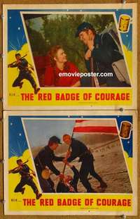 h270 RED BADGE OF COURAGE 2 movie lobby cards '51 Audie Murphy, Huston