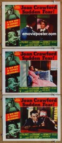 h538 SUDDEN FEAR 3 movie lobby cards '52 Joan Crawford, Jack Palance