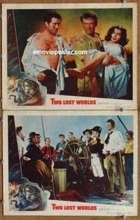 h358 TWO LOST WORLDS 2 movie lobby cards '50 James Arness, dinosaurs!