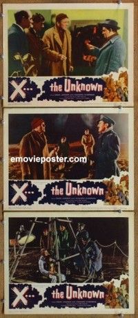 h572 X THE UNKNOWN 3 movie lobby cards '57 spooky Hammer sci-fi!