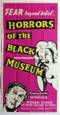 k078 HORRORS OF THE BLACK MUSEUM English three-sheet movie poster '59 Gough