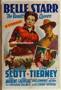 n161 BELLE STARR style B one-sheet movie poster '41 Gene Tierney, Scott
