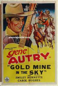 n811 GENE AUTRY linen stock 1sh '36 art of smiling Gene Autry playing guitar, Gold Mine in the Sky!