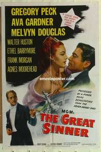 n845 GREAT SINNER one-sheet movie poster '49 gambling Gregory Peck!