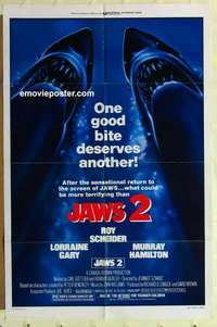 p132 JAWS 2 one-sheet movie poster '78 Roy Scheider, man-eating shark!