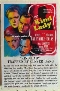 p188 KIND LADY one-sheet movie poster '51 Ethel Barrymore, John Sturges