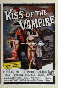 p195 KISS OF THE VAMPIRE one-sheet movie poster '63 Hammer devil bats!
