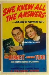 s412 SHE KNEW ALL THE ANSWERS one-sheet movie poster '41 Joan Bennett, Tone