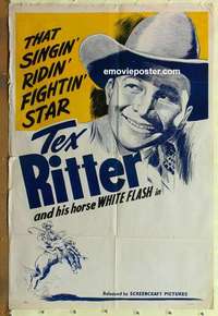 s246 TEX RITTER one-sheet movie poster '30s close smiling portrait!
