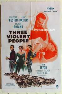 s216 THREE VIOLENT PEOPLE one-sheet movie poster '56 Charlton Heston