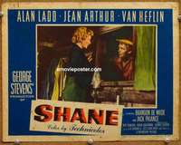 y160 SHANE movie lobby card #4 '53 Alan Ladd with Jean Arthur!