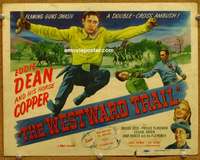 w326 WESTWARD TRAIL movie title lobby card '48 Eddie Dean leaps over title!
