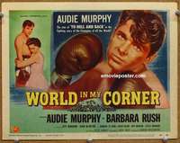 w341 WORLD IN MY CORNER movie title lobby card '56 Audie Murphy, boxing!