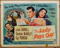 z138 LADY PAYS OFF movie title lobby card '51 sexy gambling Linda Darnell!