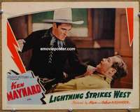 z579 LIGHTNING STRIKES WEST movie lobby card '40 Ken Maynard punches!