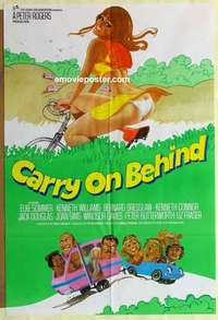 a019 CARRY ON BEHIND English 1sh 1975 art of sexy Carol Hawkins on bicycle & Elke Sommer in car!