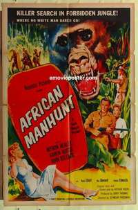 b051 AFRICAN MANHUNT one-sheet movie poster '54 Gorilla Land!
