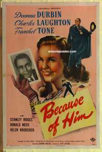 b184 BECAUSE OF HIM one-sheet movie poster '45 Deanna Durbin, Laughton