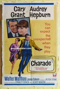 b371 CHARADE one-sheet movie poster '63 Cary Grant, Audrey Hepburn