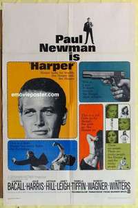b847 HARPER one-sheet movie poster '66 Paul Newman, Lauren Bacall
